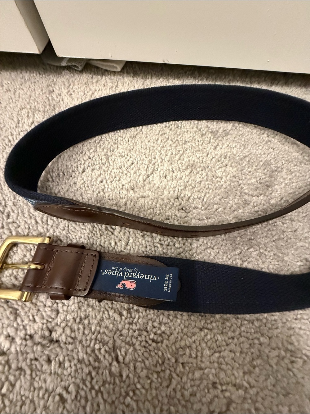 Vineyard Vines Navy Patterned Web Belt with Brown Leather Trim - Picture 2 of 2